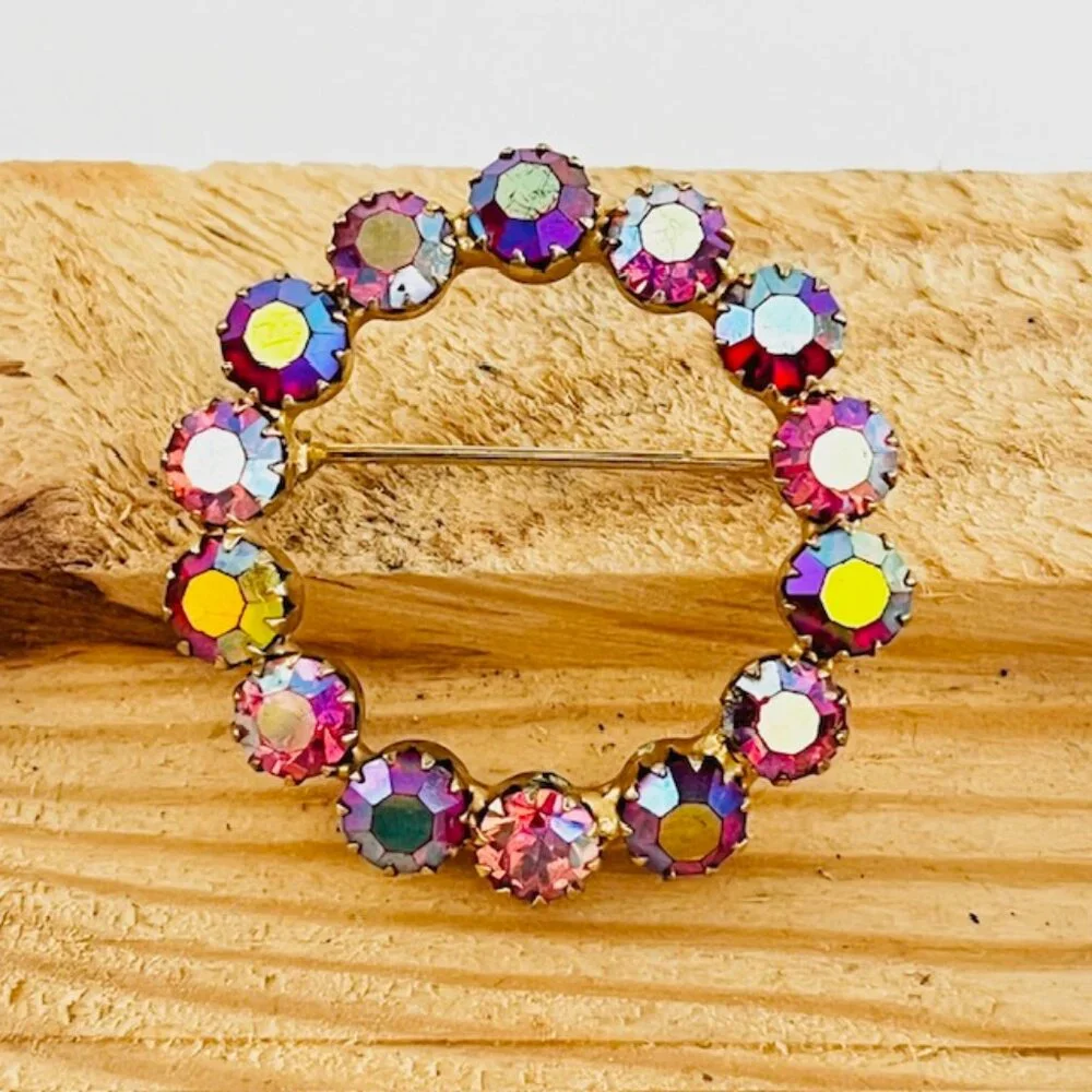 Vintage Iridescent Rhinestone Round Brooch Pin Pink Gold Tone Minimalist